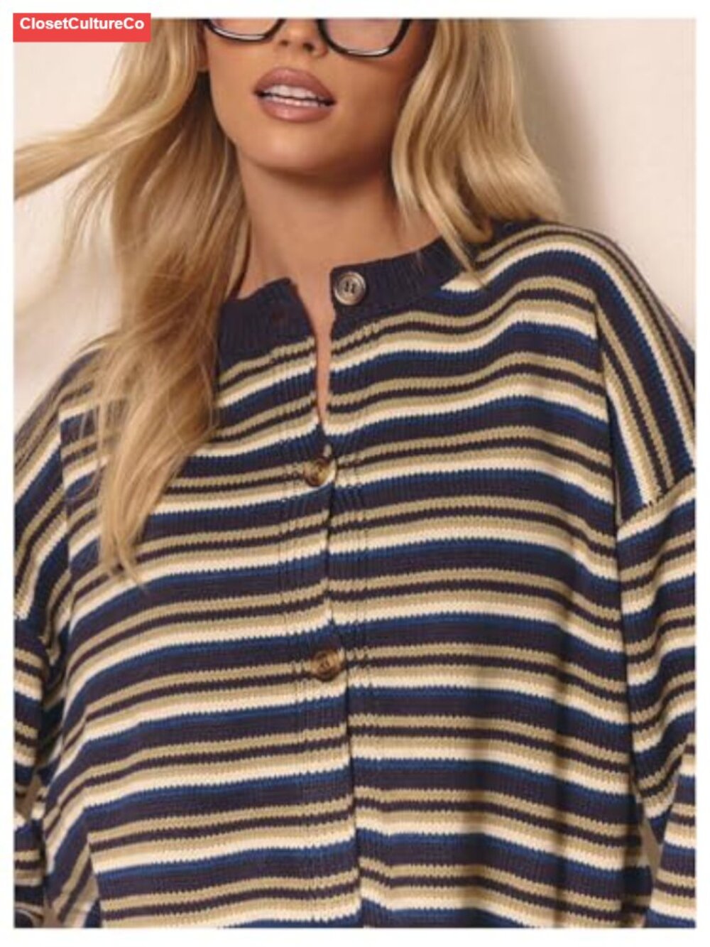 SOLY HUX Womens Striped Button Front Cardigan Sweater Oversized Knit Long Sleeve - Picture 3 of 4